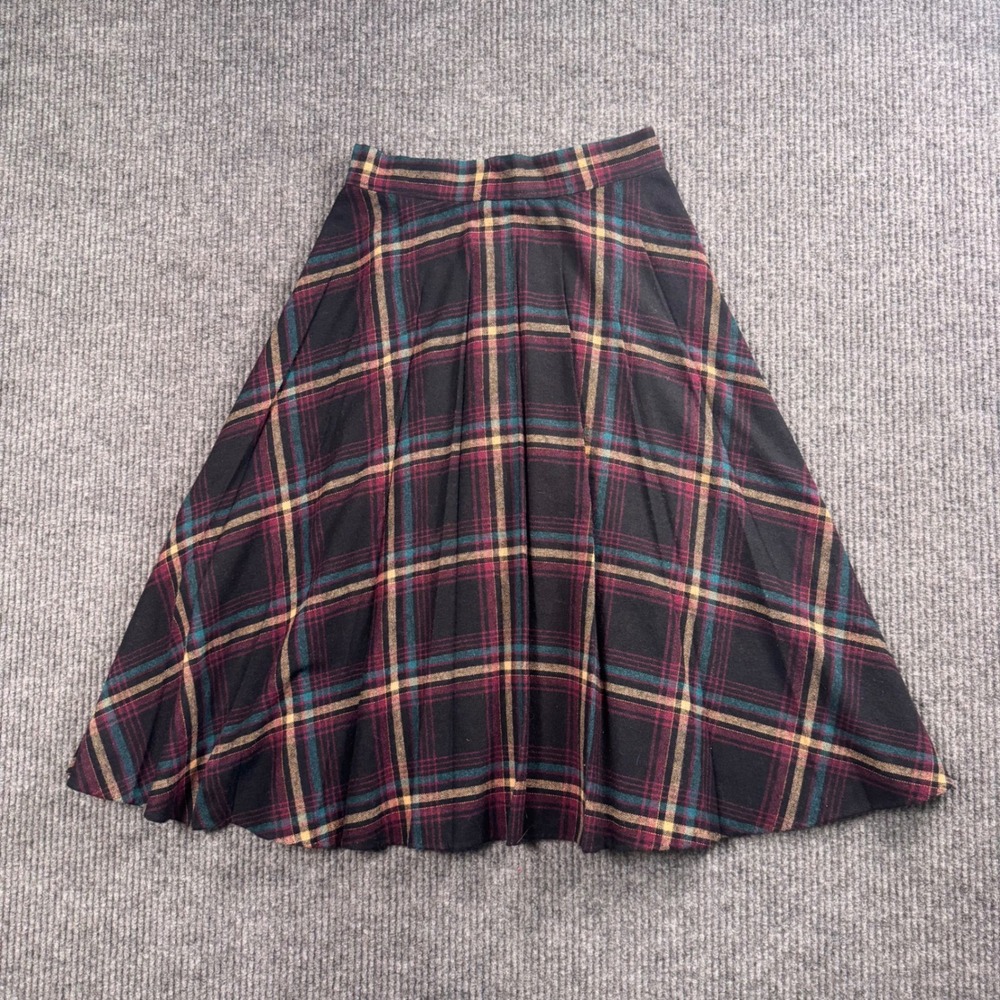VTG 70s Plaid Pleated Midi Skirt Burgundy Green Academia Cottagecore A-Line Midi - Picture 1 of 5